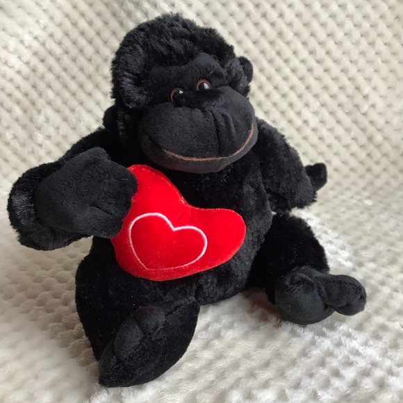 Soft Plush Black Gorilla holding Red Heart Pillow Valentines Stuffed Animal Toy - Picture 1 of 13